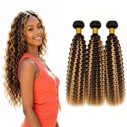 Vista 76 de P4613 Cabello humano rizado onda profunda marrón y paquetes mixtos 8 10 12 P4613 Ombre Marrón-Rubio-DP