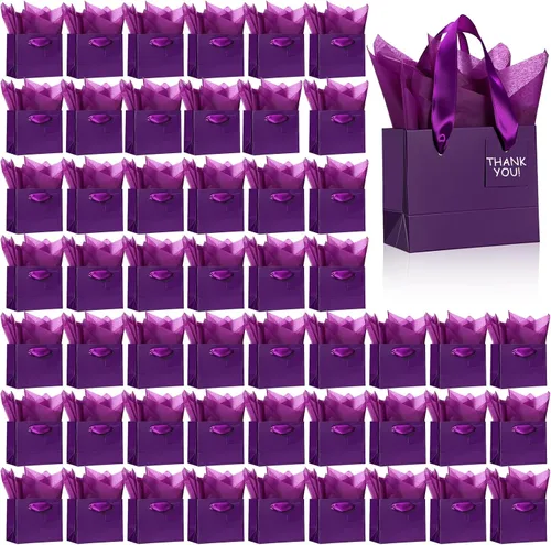 Vista 26 de Qilery 50 bolsas de regalo de papel de boda a granel con papel de seda, pequeñas bolsas de regalo con asa y etiquetas para cumpleaños, bodas