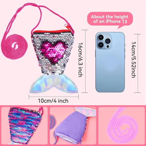 Vista 2 de Monedero de cola de sirena para niñas pequeñas, con lentejuelas, con purpurina, reversible, carteras reversibles, bolsa para niños, regalos