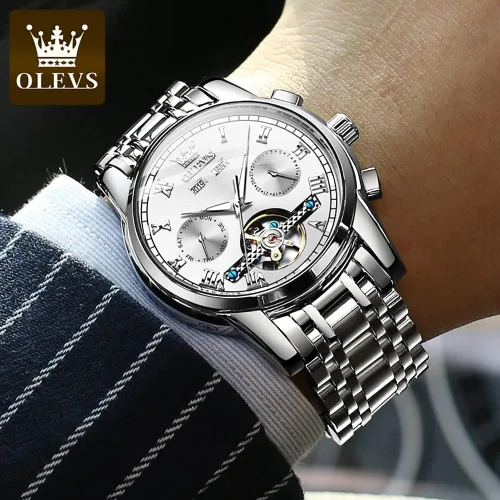 Vista 8 de OLEVS Relojes automáticos de cuerda automática para hombre, fecha y día, calendario, relojes de acero inoxidable, movimiento esquelético