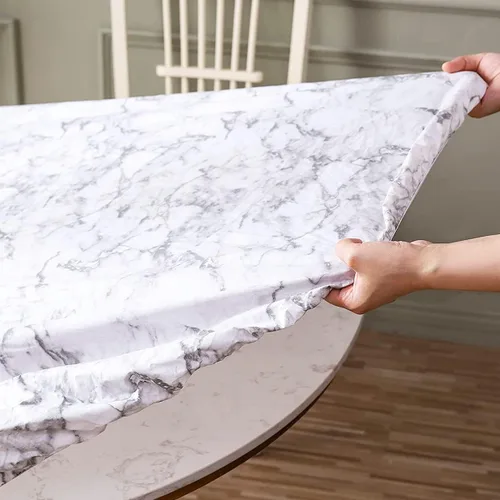 Vista 5 de Mantel redondo de vinilo de plástico ajustable con reverso de franela y borde elástico, protector de mesa impermeable para mesa de comedor