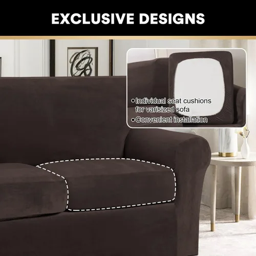 Vista 4 de PrinceDeco - 4 fundas de terciopelo para sofá de 3 cojines, protector suave de muebles con parte inferior elástica antideslizante, fundas de sofá