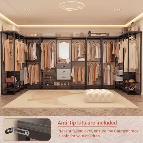 Vista 3 de Aheaplus Organizador de Closet de Madera para Colgar Ropa, Perchero de Ropa Resistente, Sistema de Closet en Esquina en Forma de L Grande con 3
