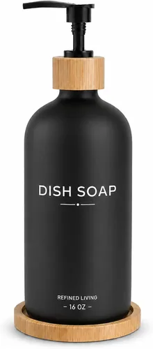 Vista 10 de Dish Soap Dispenser, 16 OZ Glass Kitchen Soap Dispenser with Bamboo Pump and Tray, Refillable Hand Soap Dispenser for Kitchen Countertop, Modern