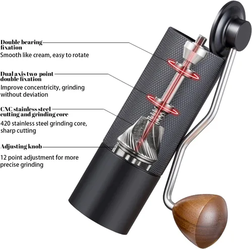 Vista 4 de Molinillo de café manual con capacidad de 0.88 oz, rebabas de acero inoxidable, mango de madera, molinillo de café para rebabas para el hogar, Negro