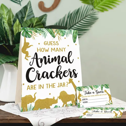 Vista 5 de Bessmoso Juego Safari Baby Shower – Adivina cuántas galletas de animales, juegos de baby shower con temática de selva con letrero de pie y 30