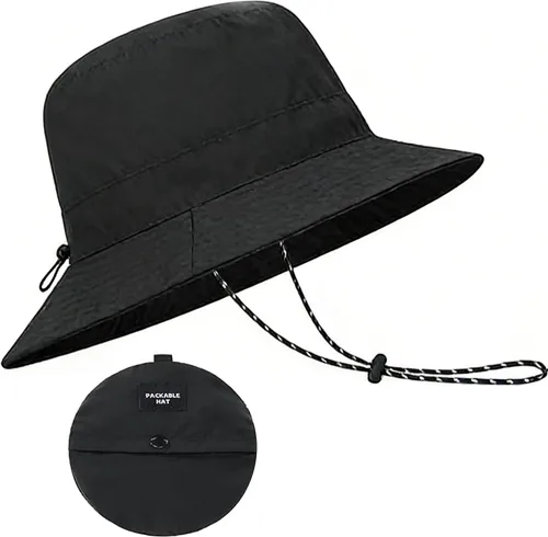 Vista 6 de Sombrero de pesca plegable de secado rápido para mujer, para verano, al aire libre, ligero, para senderismo, con correa de barbilla desmontable Negro