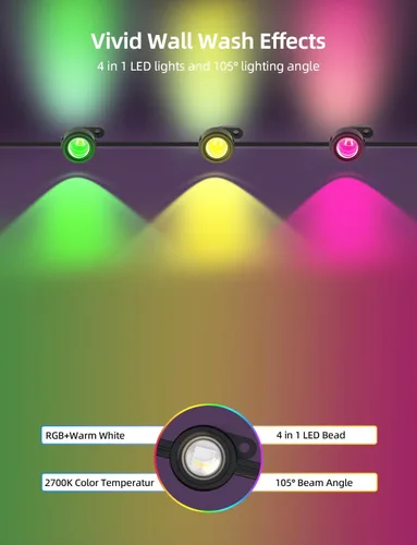 Vista 2 de APPECK Luces de exterior permanentes de 100 pies con 72 LEDs, modos de escena DIY, luces de cadena RGBW inteligentes impermeables, control por Negro