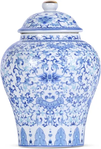 Vista 9 de Tarro de jengibre chino con tapa, estilo antiguo, decoración del hogar, retro, flores de porcelana azul y blanca, jarrón cubierto de cerámica, Tarro
