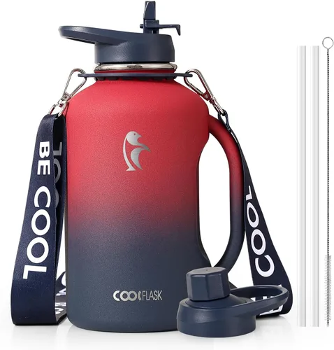 Vista 16 de Coolflask - Botella de agua aislada de 64 onzas, jarra de agua de medio galón con asa, popote de acero inoxidable, doble pared, de metal al vacío