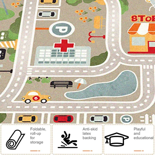 Vista 3 de Alfombra de juegos para niños, alfombra de juego para autos de juguete y trenes, alfombra de área de juegos con respaldo de goma, alfombra