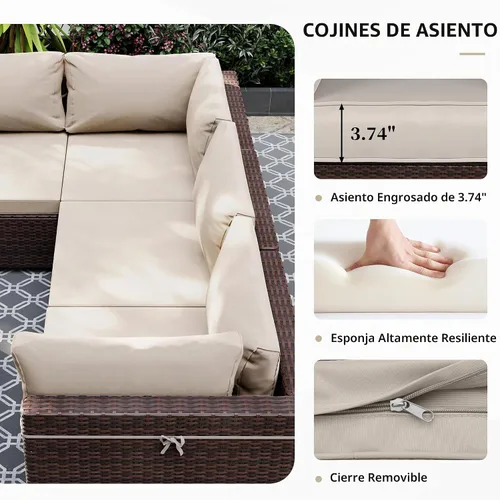 Vista 5 de UPHA Juego de muebles de mimbre para patio de 5 piezas con mesa auxiliar Cojín de ratán marrón y beige