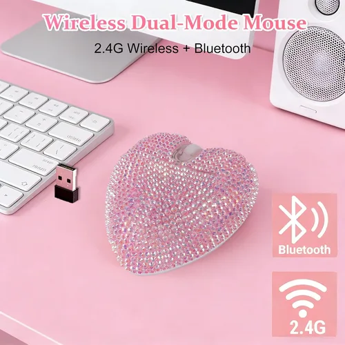 Vista 3 de Ratón inalámbrico Bluetooth con forma de corazón rosa, modo doble, recargable, silencioso, portátil, con diamante brillante y luz LED, para PC