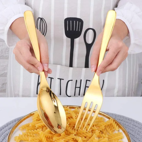 Vista 2 de Buyer Star Utensilios para servir ensaladas, acero inoxidable de 10 pulgadas de mango largo, para bufé, fiesta, catering, cucharas