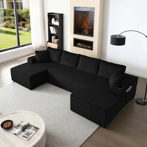 Vista 9 de Sofá cama modular de 124 pulgadas, sofá de nube sin hueso para sala de estar, sofá de 5 asientos en forma de U con 2 bolsillos de almacenamiento y 2