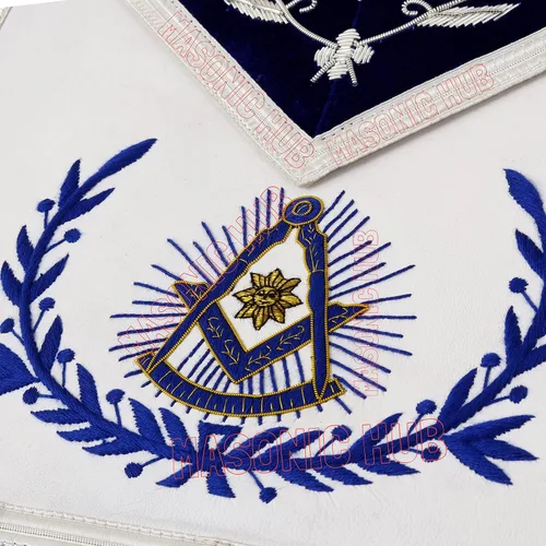 Vista 2 de Past Master con borde bordado masónico 100% piel de cordero delantal - Azul y Blanco, Azul