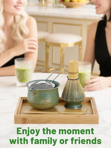Vista 5 de Juego de batidor de matcha con bandeja de bambú, cuenco con boquilla, batidor y soporte, cuchara de bambú, tamiz, kit de matcha japonés, regalo