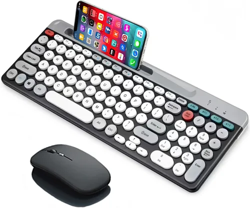 Vista 11 de Combo de teclado y mouse inalámbricos con soporte para tableta de teléfono, modo dual recargable (Bluetooth 5.0 y 3.0 +2.4G) mouse silencioso