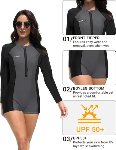 Vista 4 de Daci Traje de baño de manga larga para mujer, de una pieza, con cremallera, protección UPF 50+