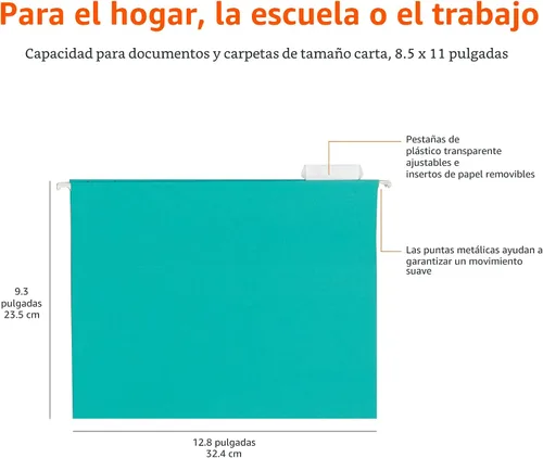 Vista 6 de Amazon Basics Carpetas colgantes para archivos, tamaño carta, aguamarina, paquete de 25