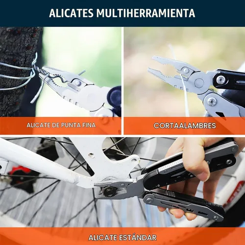 Vista 7 de Alicates multifunción 12 en 1 con cierre de seguridad, encendedor y silbato, cuchillo de bolsillo de acero inoxidable, multiherramienta de camping