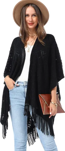 Vista 33 de Soul Young - Chal de punto para mujer, poncho con flecos y capa