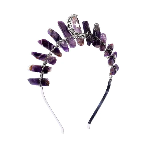 Vista 13 de Bubbmi Diadema de tiara negra de cristal crudo, cuarzo natural, luna, diosa, bruja, moda, banda para el pelo para fiesta de cosplay Wiccan