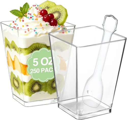 Vista 13 de SHOPDAY Vasos de postre de plástico de 5 oz: paquete de 30 vasos cuadrados transparentes con cucharas, pequeños vasos de parfait, mini vasos
