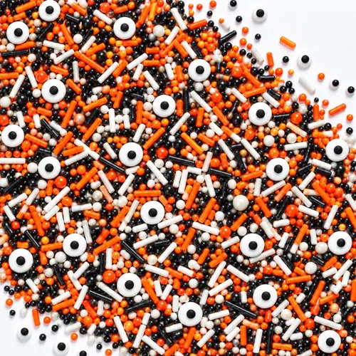 Vista 9 de Confect Mezcla de espolvorear de Halloween – Bolas de discoteca blancas, naranjas, moradas, negras y verdes, ojos de caramelo y jimmies – Gránulos