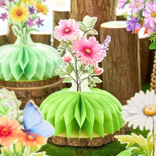 Vista 7 de 12 centros de mesa de panal de flores verdes, para decoraciones de fiesta de flores, reutilizables, de fácil montaje, decoración de mesa de jardín