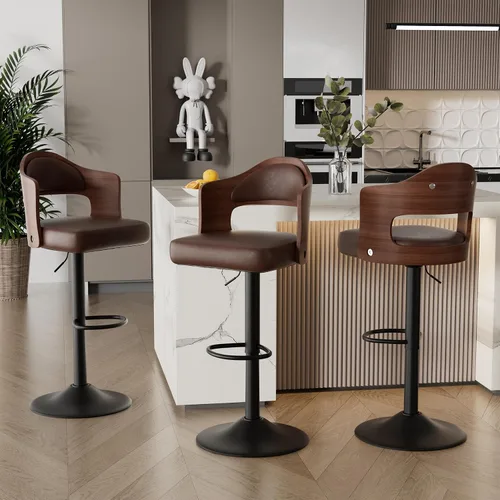 Vista 11 de Juego de 2 taburetes de bar giratorios, taburetes de bar de madera tapizados en cuero PU con respaldo y reposapiés, asiento de altura ajustable