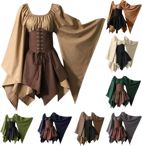 Vista 3 de QSXLTS Vestido medieval renacentista para mujer, manga de mariposa, steampunk, gótico, disfraz de Halloween, vestido victoriano, vestidos de baile