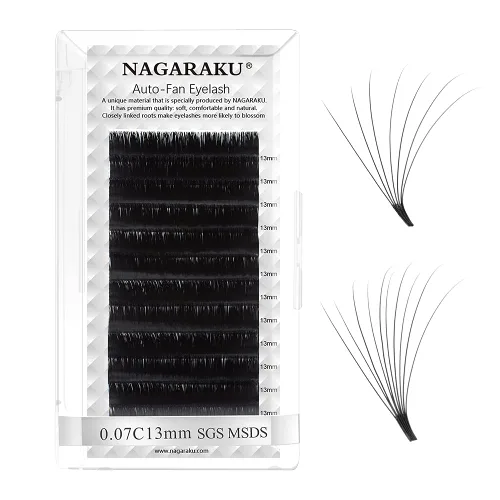 Vista 41 de NAGARAKU Extensiones de pestañas listas para colocar, forma de abanico, 3 capas, auto-floreciente, mega volumen, pestañas suaves pre-pegadas, 0.03 D