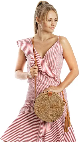Vista 4 de Bolsas de ratán para mujer hechas a mano tejido de mimbre bolso de mano con forma de círculo estilo bohemio