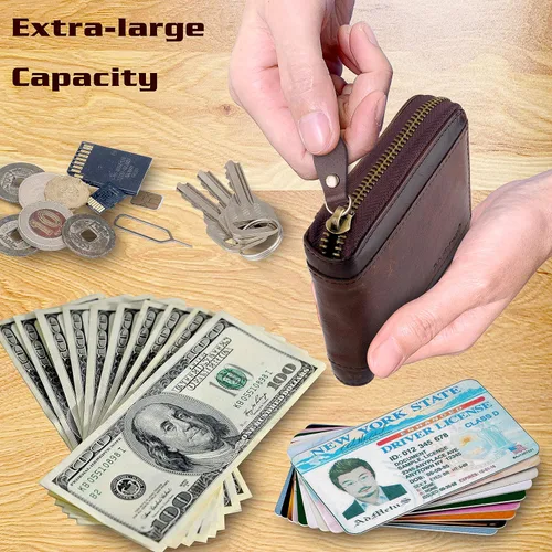 Vista 32 de Admetus Billeteras con bloqueo RFID para hombre, billetera de cuero con cremallera para hombres con tarjetero RFID plegable
