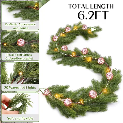 Vista 3 de Ceenna Guirnalda de cedro de Navidad preiluminada de 6.2 pies con luces, guirnalda de pino artificial con adornos de bolas, 8 modos de temporizador