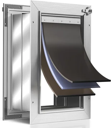 Vista 9 de Puerta de perro grande aislada con 3 solapas para pared, mascotas de hasta 110 libras Rust Proof Aluminum Doggy Door, Heavy Duty Pet Door with