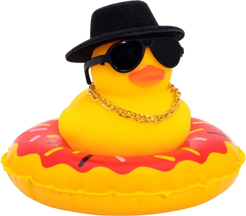 Vista 10 de wonuu Pato de goma para automóvil, decoración de pato amarillo con sombrero para el sol, anillo de natación, collar, gafas de sol para decoración