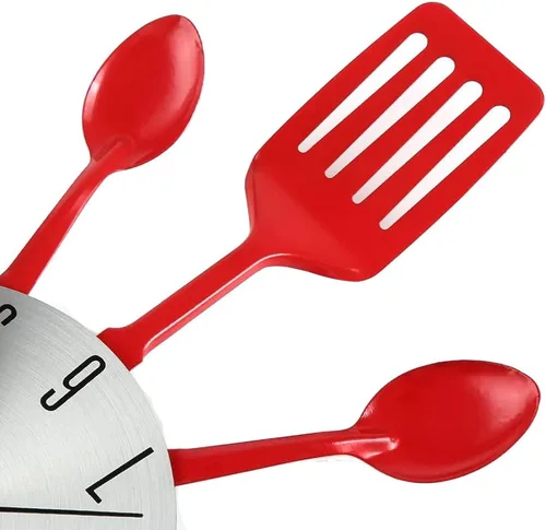 Vista 7 de Herich - Reloj de pared de cocina de 16 pulgadas con cucharas y tenedores, reloj de pared 3D para decoración del hogar (rojo)