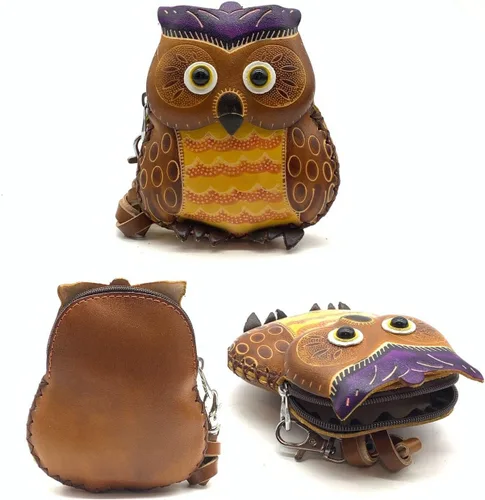 Vista 4 de Handmade Vintage Genuine Leather 3D Animal Owl Coin Purse with Removable Wrist Strap (Brown)