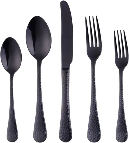 Vista 15 de Juego de cubiertos de acero inoxidable, multiusos para el hogar, cocina, restaurante, hotel, servicio de vajilla para 4 personas (negro, 20 piezas)