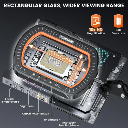 Vista 2 de Lupa Rectangular 10X con Luz, 3 Brazos 5 Modos de Color, Lupas Grandes con Abrazadera, Lámpara de Escritorio Iluminada con Lupa de Manos Libres