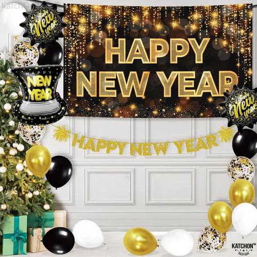 Vista 7 de KatchOn, Suministros para fiesta de Año Nuevo 2026 – Enorme, paquete de 37 Cartel de Feliz Año Nuevo, globos de Año Nuevo para decoraciones de Año