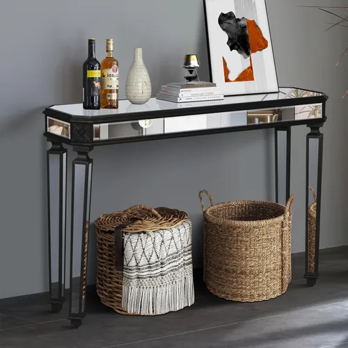 Vista 3 de Mesa de consola con espejo de 48 pulgadas, mesa de entrada moderna de plata glamorosa con borde tallado negro vintage con espejo de vidrio para sala