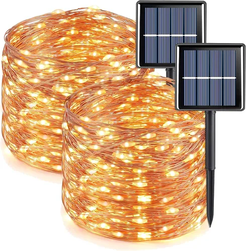 Vista 12 de QITONG Luces solares de Navidad multicolor para exteriores, paquete de 2 unidades de 200 luces LED solares de 66 pies cada uno, alambre plateado