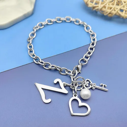 Vista 4 de Pulseras con inicial de la A a la Z, regalo para mujeres y niñas, pulsera de cadena de acero inoxidable con 26 letras del alfabeto, regalos
