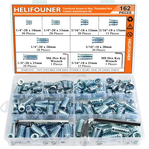 Vista 19 de Insertos roscados de 1/4-20, insertos de madera, insertos roscados de acero para tornillo de muebles de madera, kit de 145 piezas de insertos