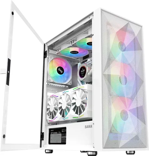 Vista 7 de SAMA 3509 Carcasa de PC de torre media ATX blanca - Parte frontal de malla de acero, panel lateral de vidrio templado con bisagras, 4 ventiladores