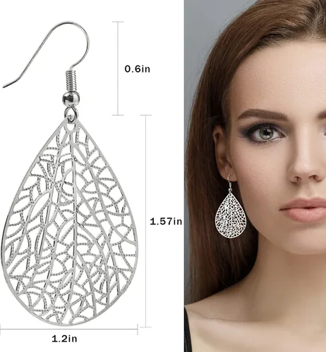 Vista 9 de 14K Gold Plated Silver Rose Gold Teardrop Filigree Dangle Earrings Lightweight Leaf Drop Earrings for Christmas Gift