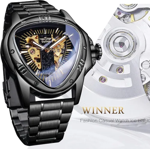 Vista 7 de Winner Fashion - Reloj de pulsera mecánico triangular de carreras, esfera de esqueleto dorado impermeable, movimiento automático, reloj mecánico